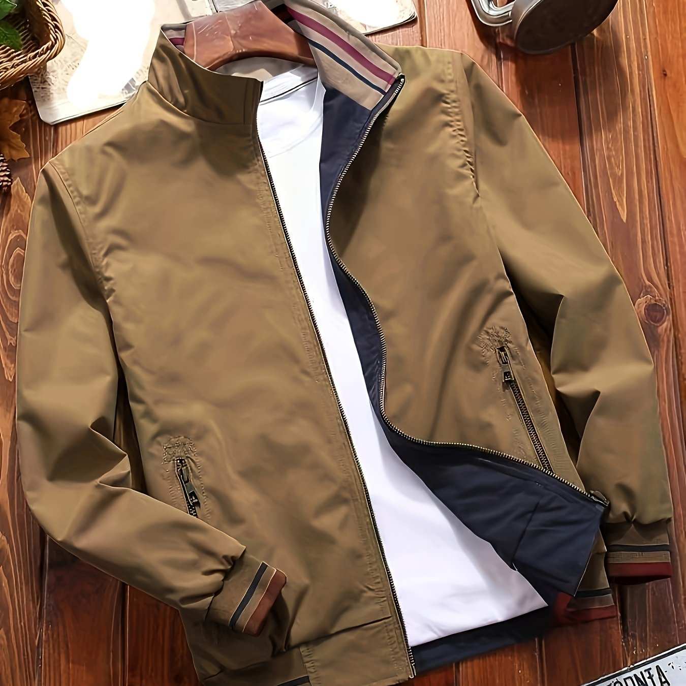 Mens Reversible Solid Color JacketExpress Global Mart  customizedProduct Description:
Alright, picture this: You're vibin' through the streets or chillin' with your squad, and you're rockin' the most versatile drip around—a Men's Mens Reversible Solid Color Jacket with Pocketsb0d141-b8