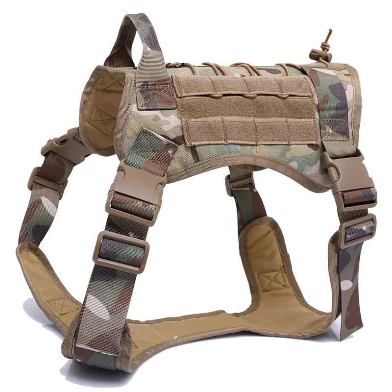 Nylon tactical dog harness in camouflage with handle and adjustable straps.