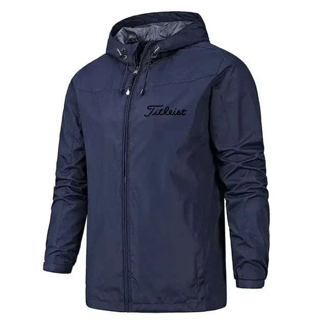 Men's waterproof windbreaker jacket, lightweight and durable, ideal for outdoor activities.