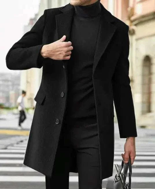 Men's long-sleeved woolen coat, black, stylish design, notch lapel, button closure, perfect for winter fashion and versatile wear.