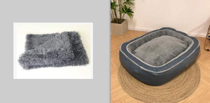 Pet dog bed with warming cushion and soft sleeping bag.