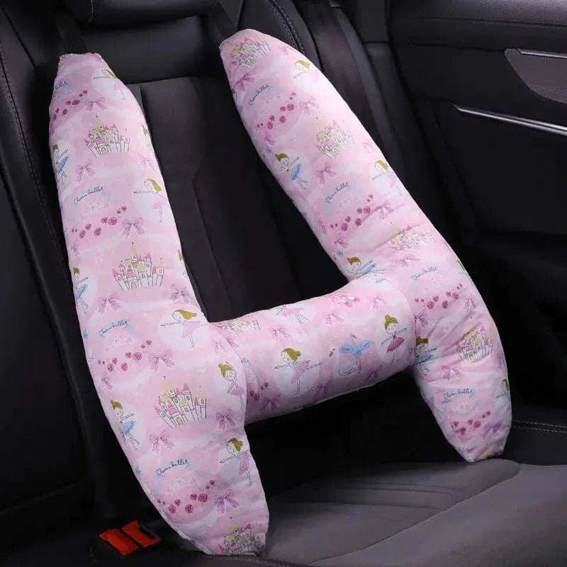 Kids car travel pillow in a car seat, offering ergonomic neck support and comfort for long journeys.