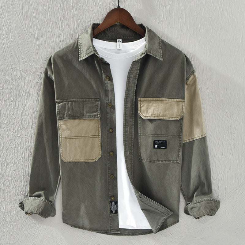 Men's trendy color contrast patchwork workwear shirt, long sleeve, army green and khaki, pure cotton.