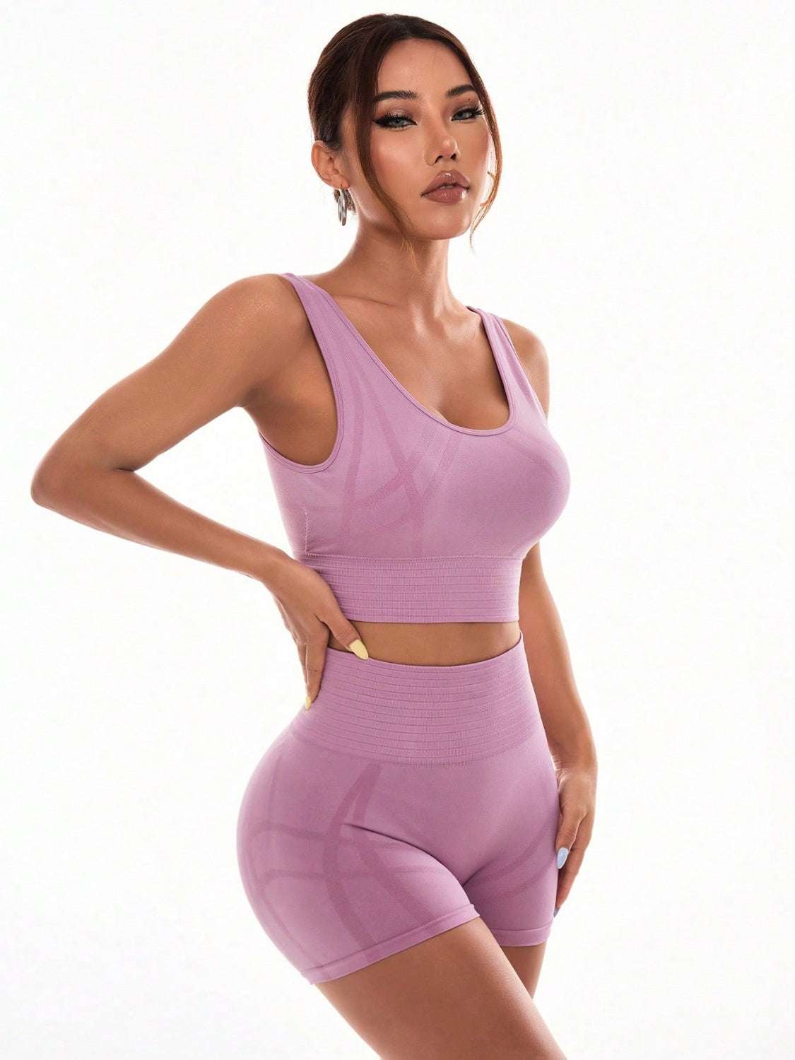 Scoop Neck Wide Strap TopExpress Global Mart  Features: Basic style
Number of pieces: Two-piece
Stretch: Moderate stretch
Material composition: 90% polyamide, 10% elastane
Care instructions: Machine wash cold. TScoop Neck Wide Strap Top and Shorts Active SetTrendsi