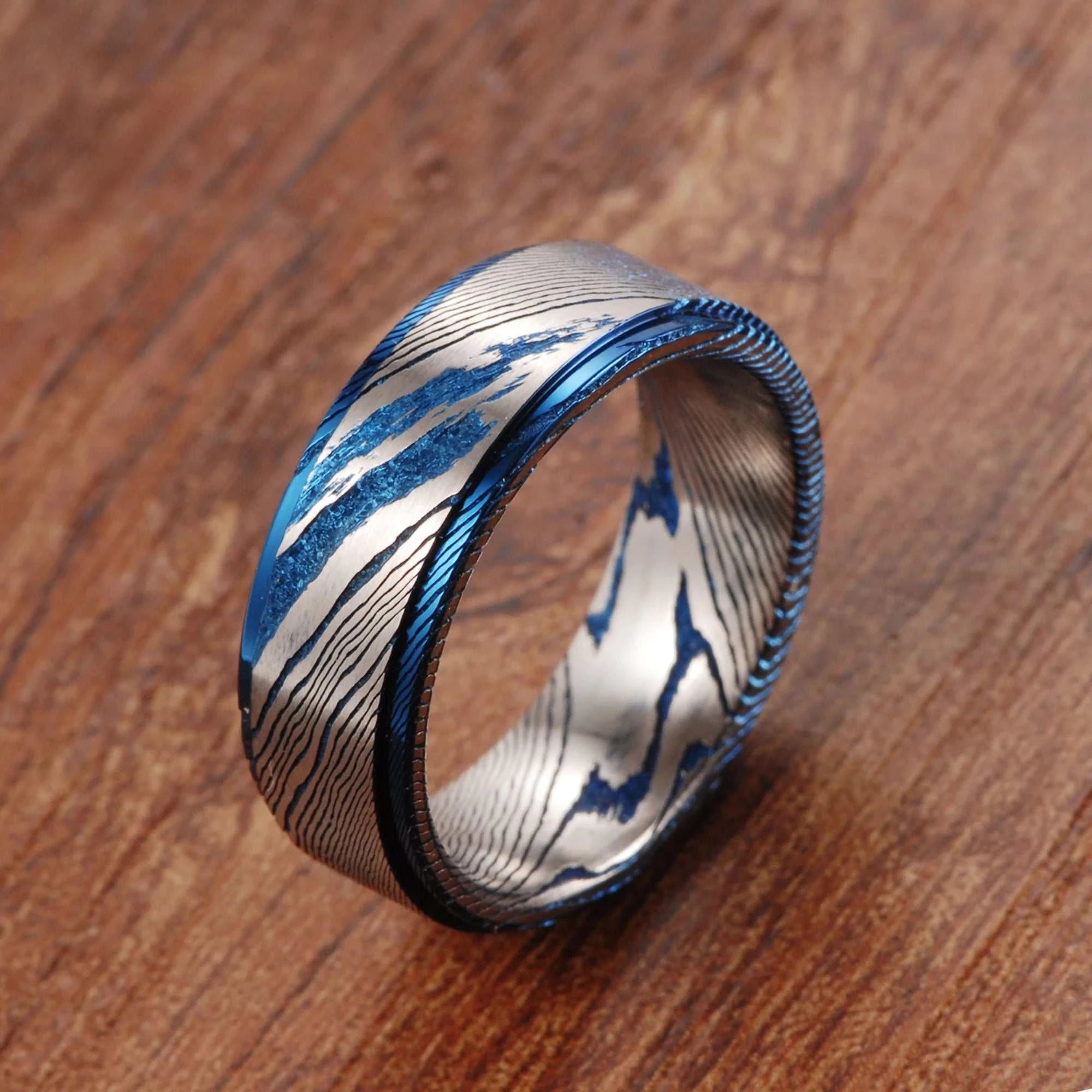 Blue Plated Damascus Steel Wedding BandExpress Global Mart  wedding_engagement_jewelrySurface Width:8mmRings Type:Wedding BandsShape\pattern:RoundStyle:ClassicOccasion:WEDDINGMaterial:MetalMetals Type:NoneGender:MenOrigin:Mainland ChinaCN:GuangdongIteBlue Plated Damascus Steel Wedding Band for Men and WomenExpress Global Mart