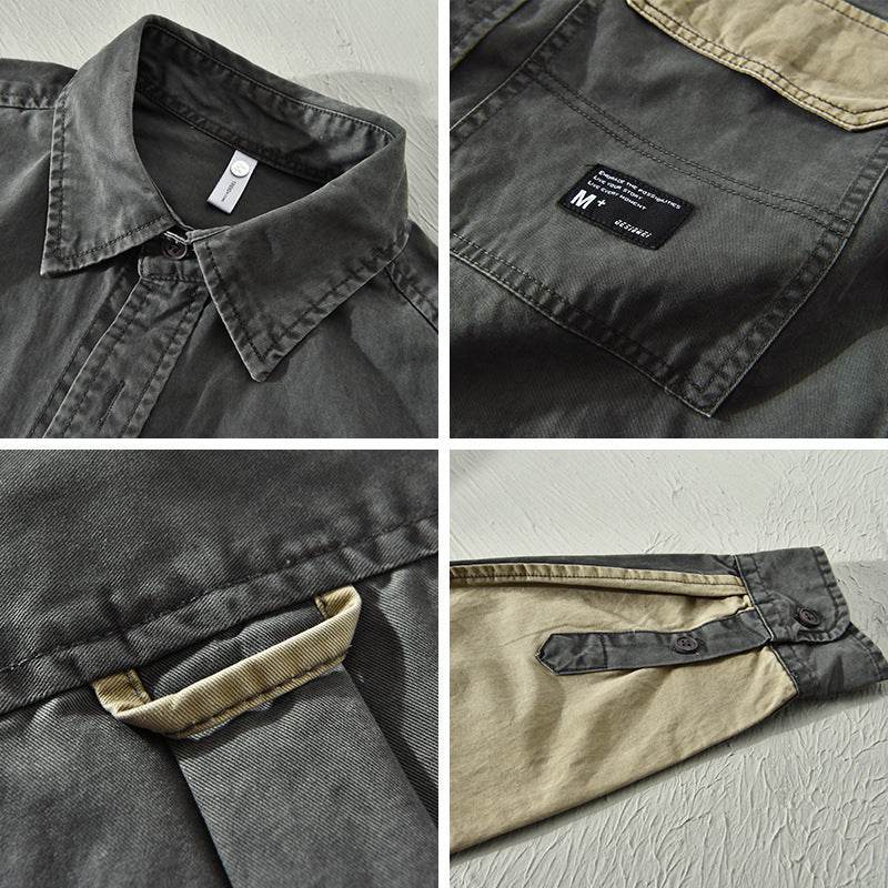 Men's color contrast patchwork workwear shirt, long sleeve, army green and khaki, pure cotton fabric.