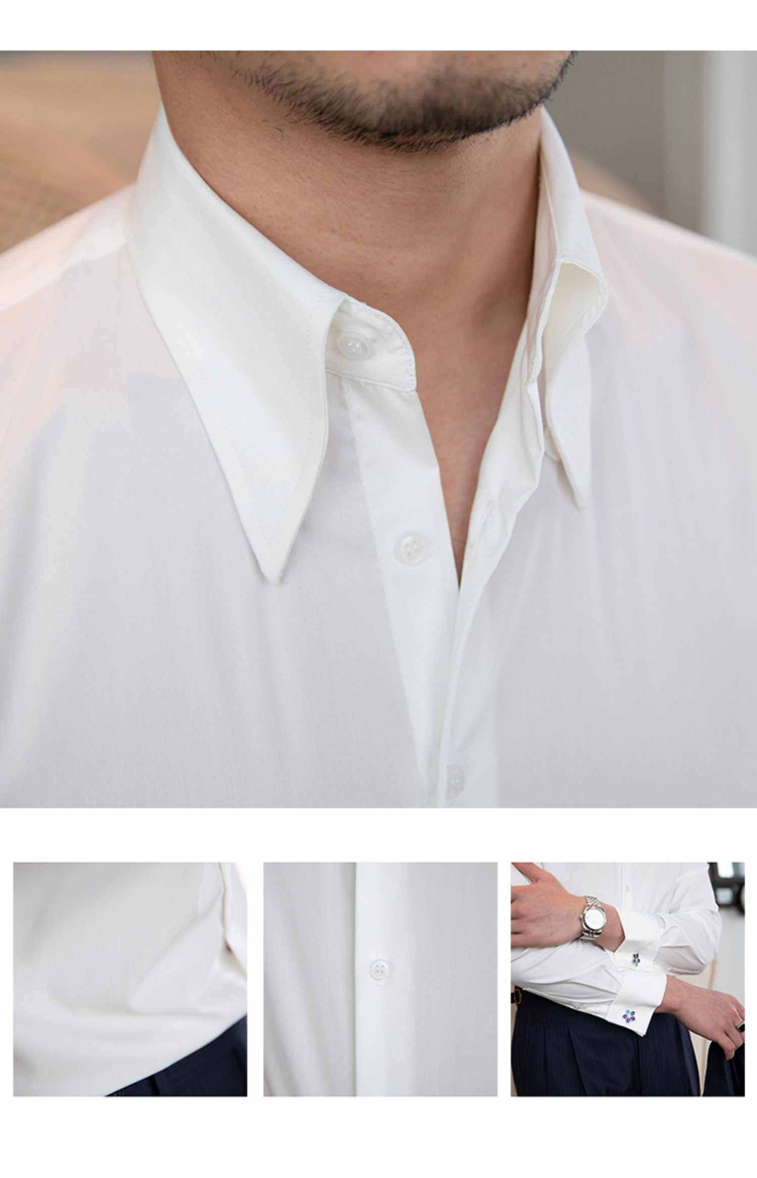 Big pointed collar wrinkle resistant slim fit shirt in white, featuring long sleeves and regular cuffs.