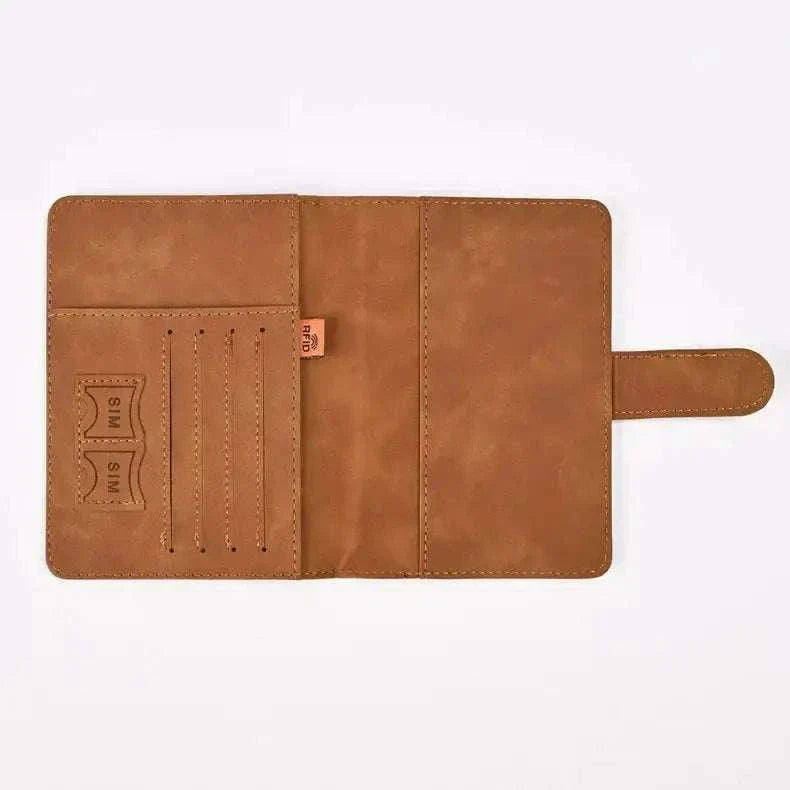 PU Leather Passport and Card Holder in camel color with multiple compartments for organization.