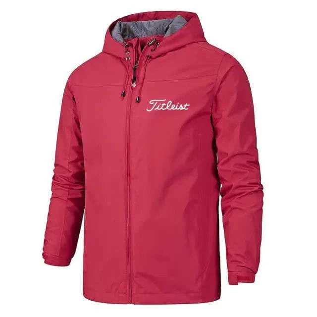 Men's waterproof windbreaker jacket in red, lightweight and durable for all-weather protection.