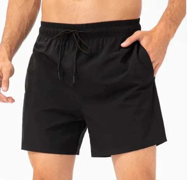 Loose fitness casual running shorts in black with adjustable waistband and side pockets.