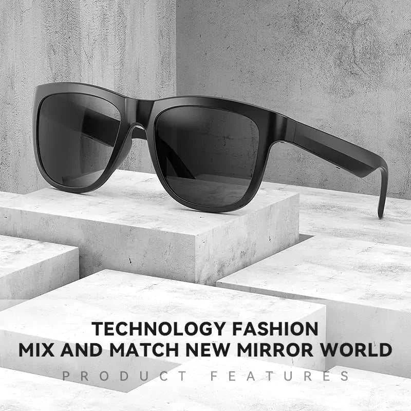 Headphone Smart Sunglasses with Bluetooth and UV protection in black frame on concrete display