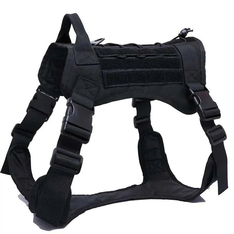 Black nylon tactical dog harness with handle and adjustable straps.