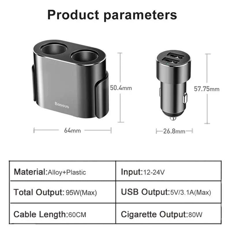 Baseus Cigarette Lighter Splitter 95W Dual USB Car Charger AdapterExpress Global Mart  car_electronicOutput Voltage:5VInput Voltage:10-19VNumber Of Output Interface:4Brand Name:BASEUSOrigin:Mainland ChinaCertification:CE,FCC,RoHSMaterial:Alumiunm Alloy+PlasticInput:Baseus Cigarette Lighter Splitter 95W Dual USB Car Charger Adapter forb0d141-b8