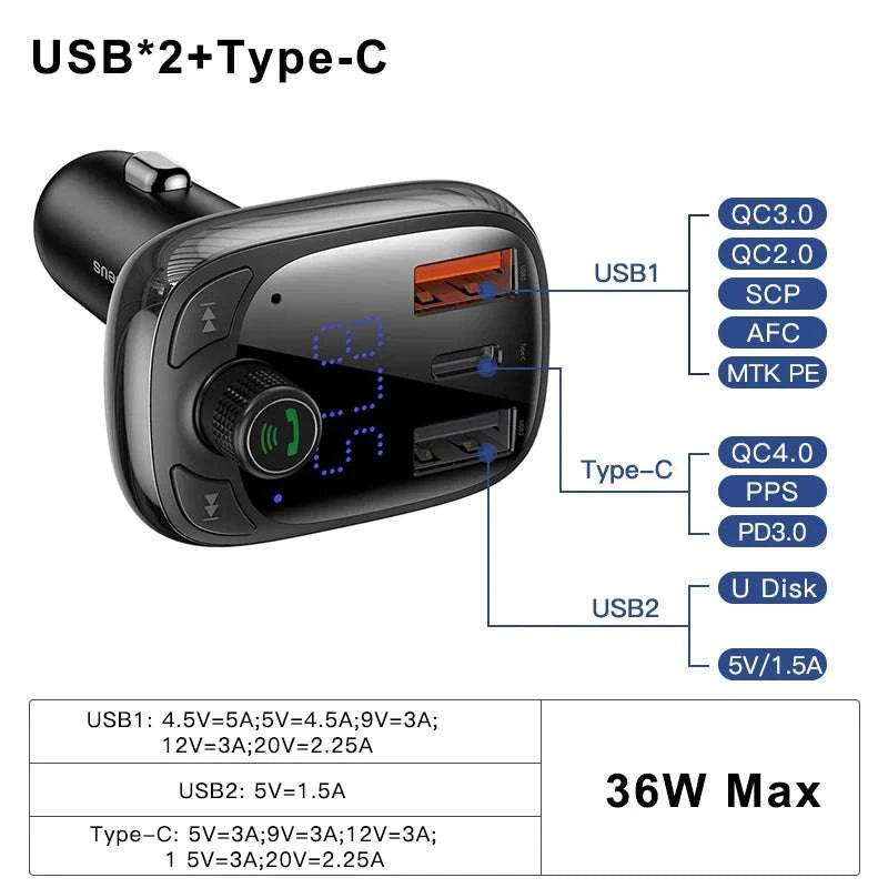 Baseus Bluetooth 50 Car KitExpress Global Mart  car_electronicMaterial Type:Plastic &amp; ABSItem Weight:50gItem Size:7.1*4.8*3.6cmModel Name:T-typed Bluetooth MP3 Charger With FM TransmitterOut Power:DV12-24/3.4ASpecial FeaturBaseus Bluetooth 50 Car Kit with Fast Charging  FM ModulatorExpress Global Mart