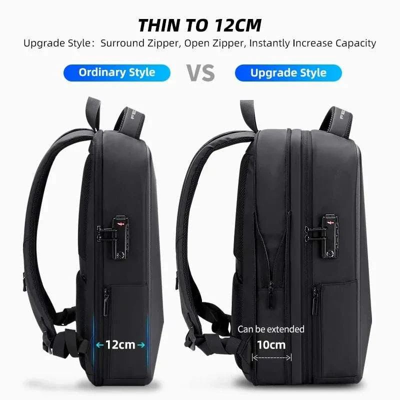 Anti-theft laptop backpack comparison: ordinary style vs upgrade style with expandable capacity.