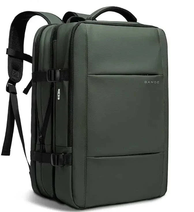 Men's business travel backpack in black with dual straps and front pocket.