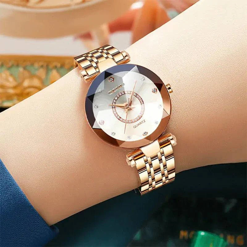 Elegant women's quartz watch with a stainless steel band and scratch-resistant dial.