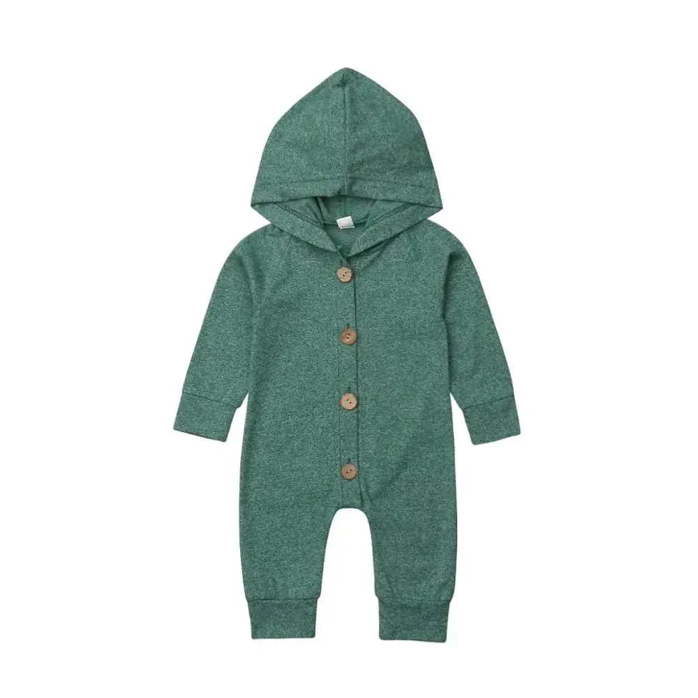 Baby toddler hooded romper in green with button-down front and long sleeves.