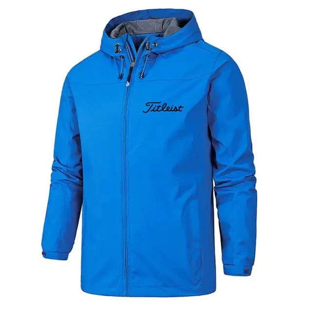 Men's waterproof windbreaker jacket in blue, lightweight and durable for outdoor activities.