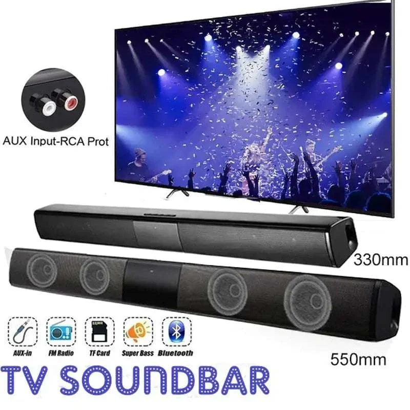 Home theater wireless sound bar with Bluetooth and AUX connectivity, featuring FM radio and deep bass for immersive audio experience.