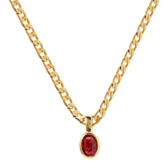 Crystal Stone Pendant Necklace with red crystal on gold chain.