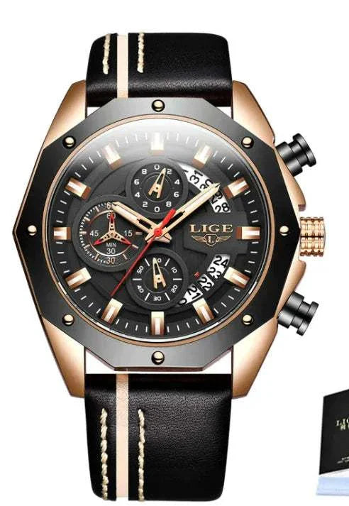 Luxury Silicone Sport Chronograph Watch with black strap and gold accents.