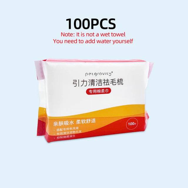 100PCS dry pet cleaning wipes package with instructions for water addition.