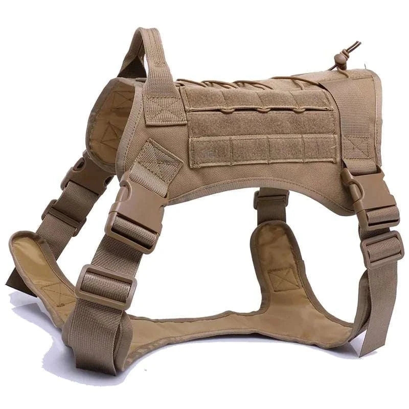 Nylon Tactical Dog Harness with handle and bungee leash for large dogs in brown color.