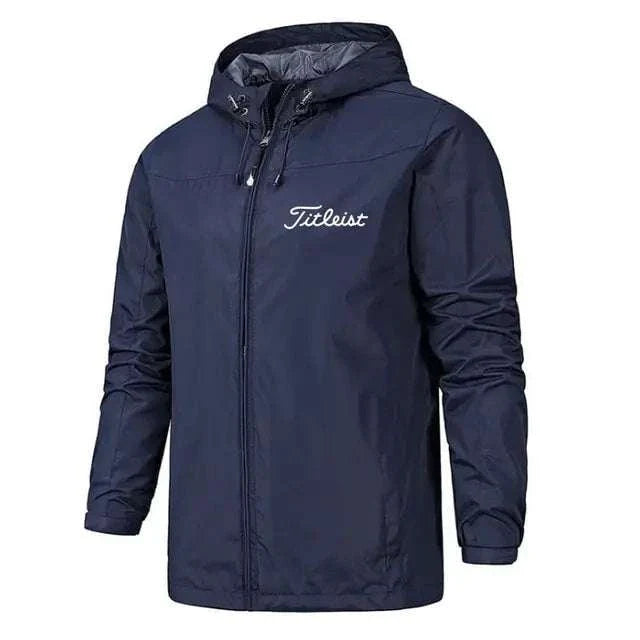 Men's waterproof windbreaker jacket with hood, designed for rain and wind protection.