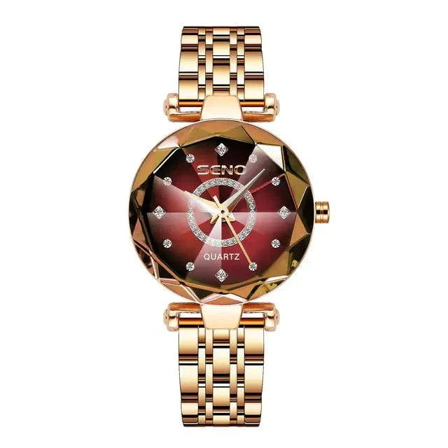 Elegant quartz watch with gold stainless steel band and red dial, featuring diamond accents.