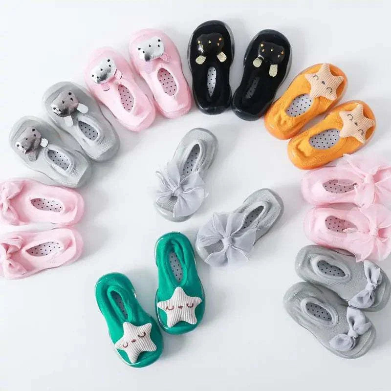 Colorful toddler shoes with anti-slip soles and cozy socks, featuring unisex designs suitable for various outfits.