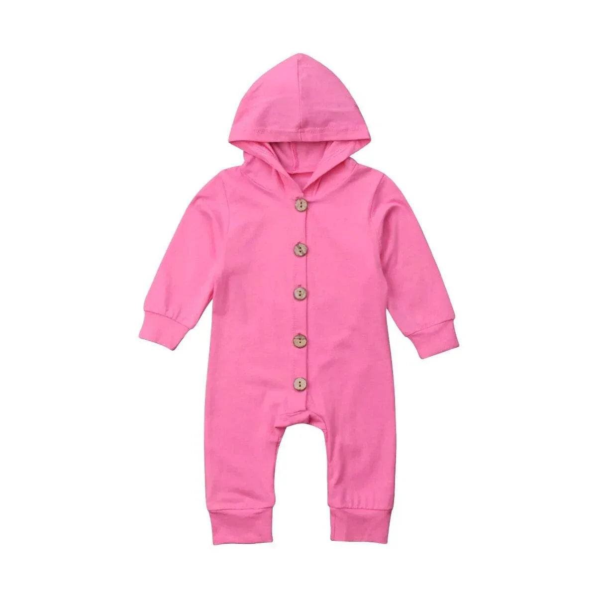 Pink baby toddler hooded romper with button-down front and long sleeves.