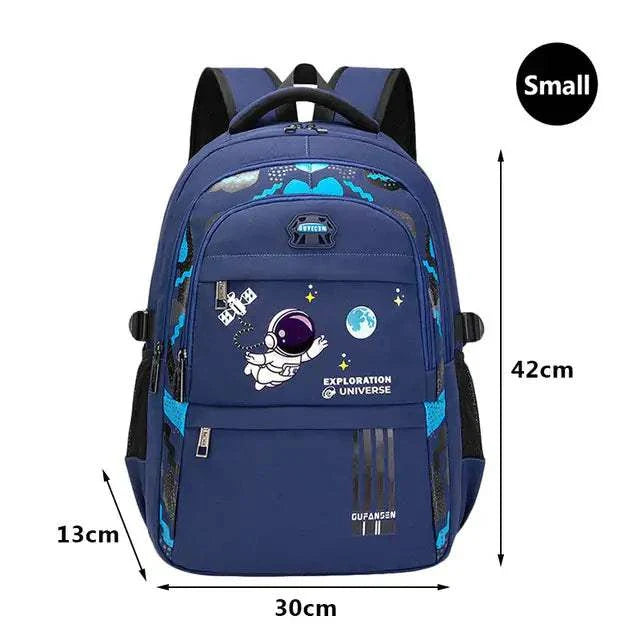 Blue teenager school bag with astronaut design, small size, made from high-quality Oxford fabric, ideal for school and travel.