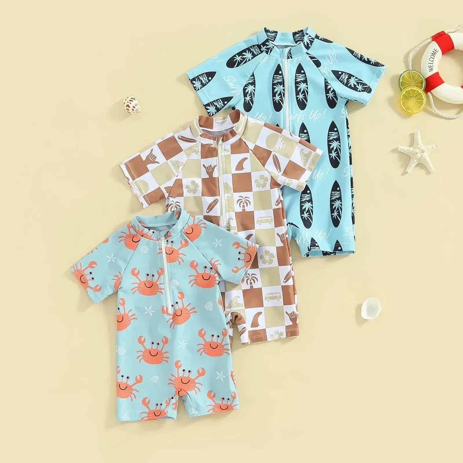 Toddler baby boy swimsuit rash guard beachwear with playful prints and UPF 50+ sun protection.