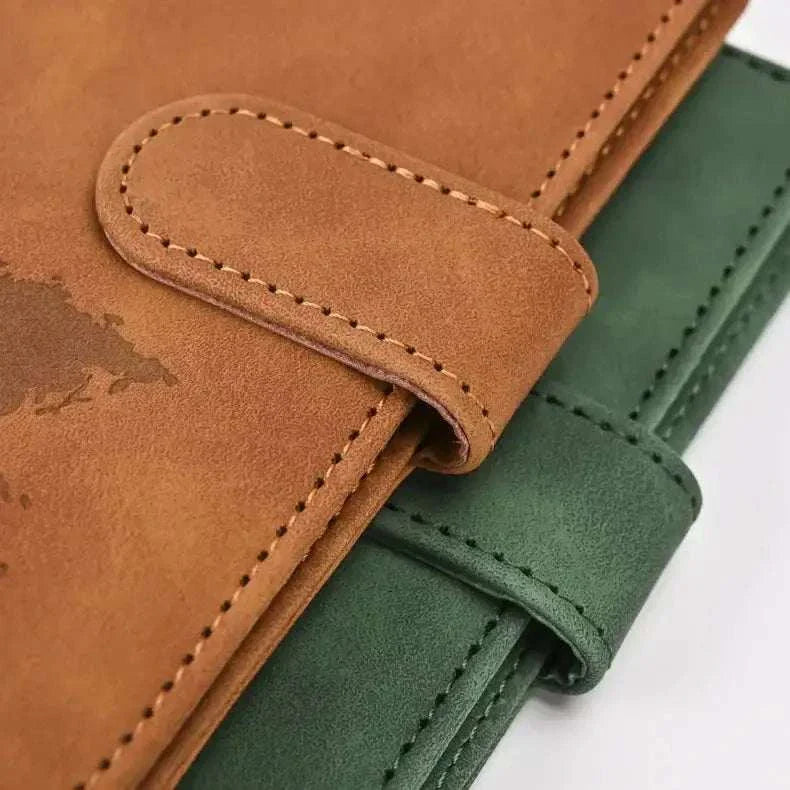 PU Leather Passport and Card Holder in camel and green colors, stylish and durable travel accessory.