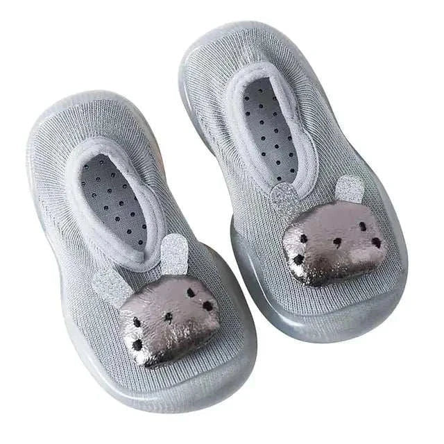 Gray toddler shoes with anti-slip soles and built-in cozy socks, featuring a cute animal design.