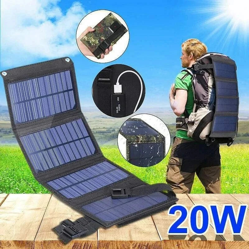 Waterproof foldable solar panel for outdoor adventures and emergency preparedness.