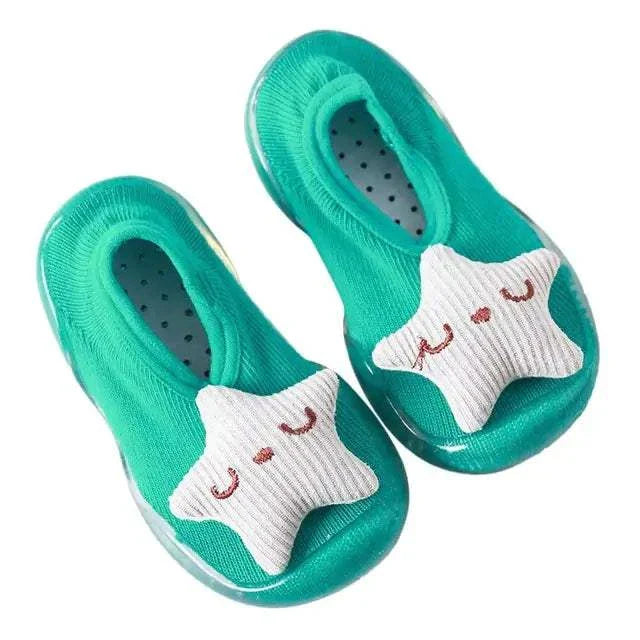 Teal toddler shoes with built-in cozy socks and star design, anti-slip sole for safety.