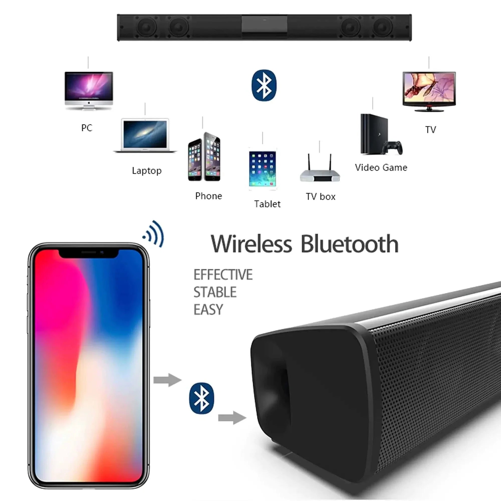 Home Theater Wireless Sound Bar with Bluetooth connectivity for seamless streaming from phone, laptop, and TV.