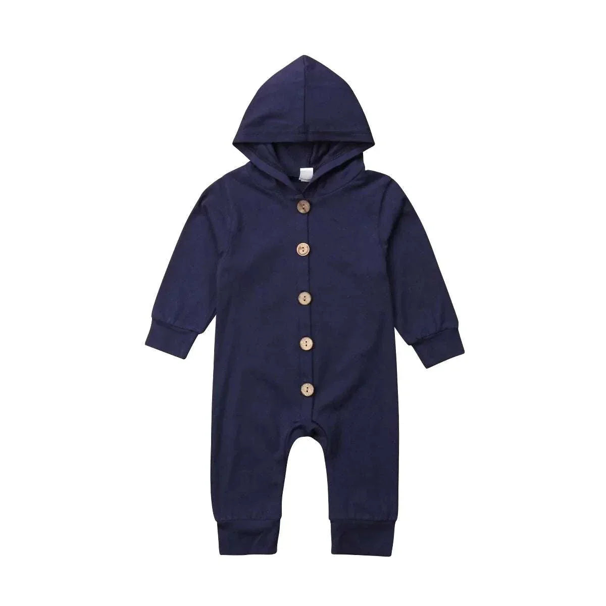 Baby Toddler Hooded Romper in solid color with button-down front and attached hood.