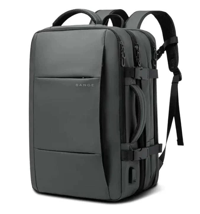 Men's business travel backpack in black, medium-sized, durable Oxford cloth, 36-55L capacity, laptop pocket, adjustable straps.