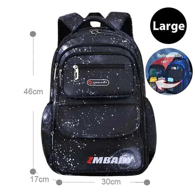 Teenager School Bag with orthopedic design, large size, sleek black pattern, and spacious compartments for school and travel needs.