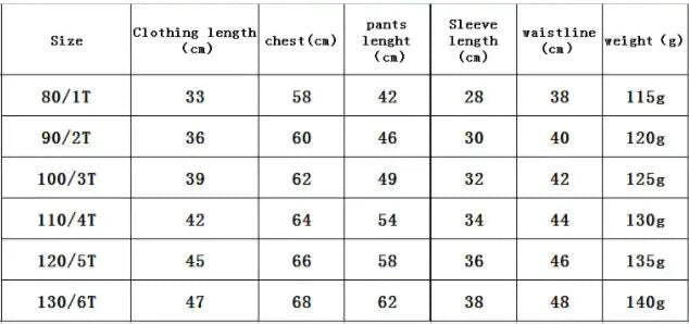 Size chart for toddler pajamas in centimeters and grams, including clothing length, chest, pants length, sleeve length, waistline, and weight for sizes 80/1T to 130/6T.