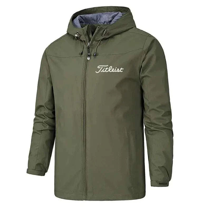 Men's waterproof windbreaker jacket, lightweight and durable, suitable for outdoor activities.