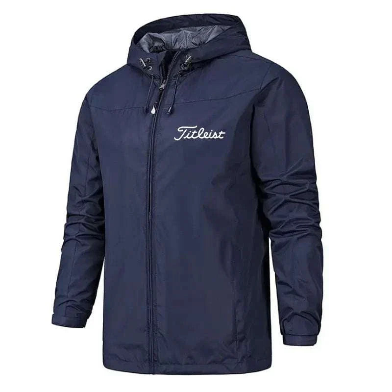 Men's navy blue waterproof windbreaker jacket with hood and zip closure.