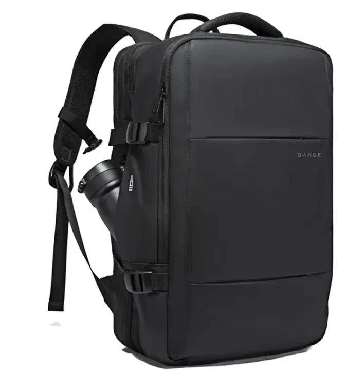 Men's business travel backpack in black, durable Oxford cloth, 36-55L capacity, laptop pocket, adjustable straps.