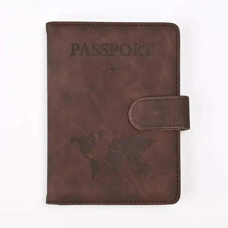 PU leather passport holder in brown with embossed world map design.