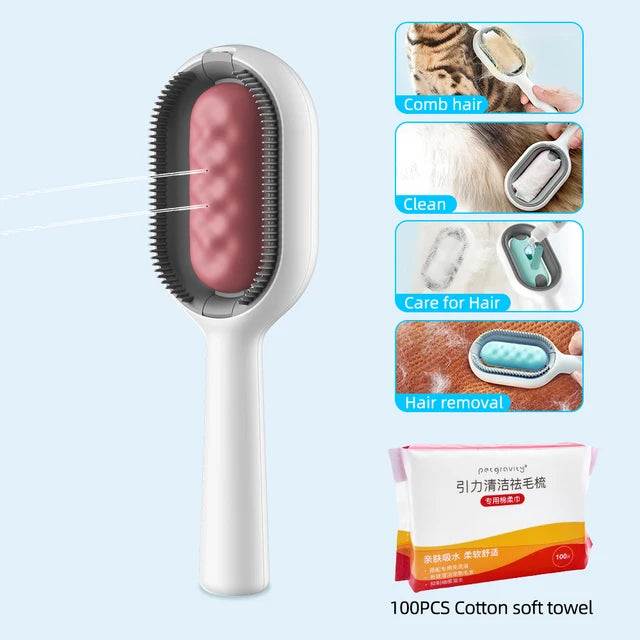 4-in-1 Pet Care Brush with comb, cleaning, hair care, and removal features displayed.