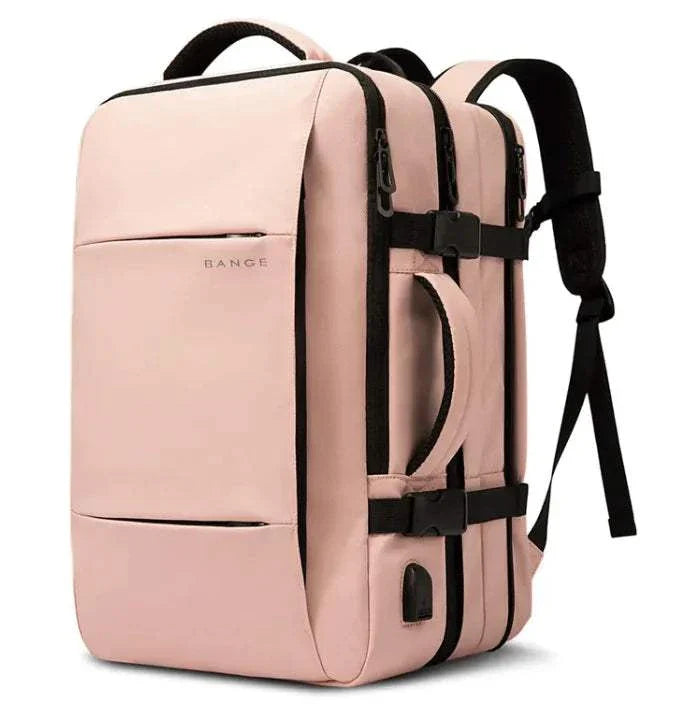 Men's business travel backpack in sleek pink design, featuring durable Oxford cloth, spacious compartments, and adjustable straps for ultimate comfort and functionality.