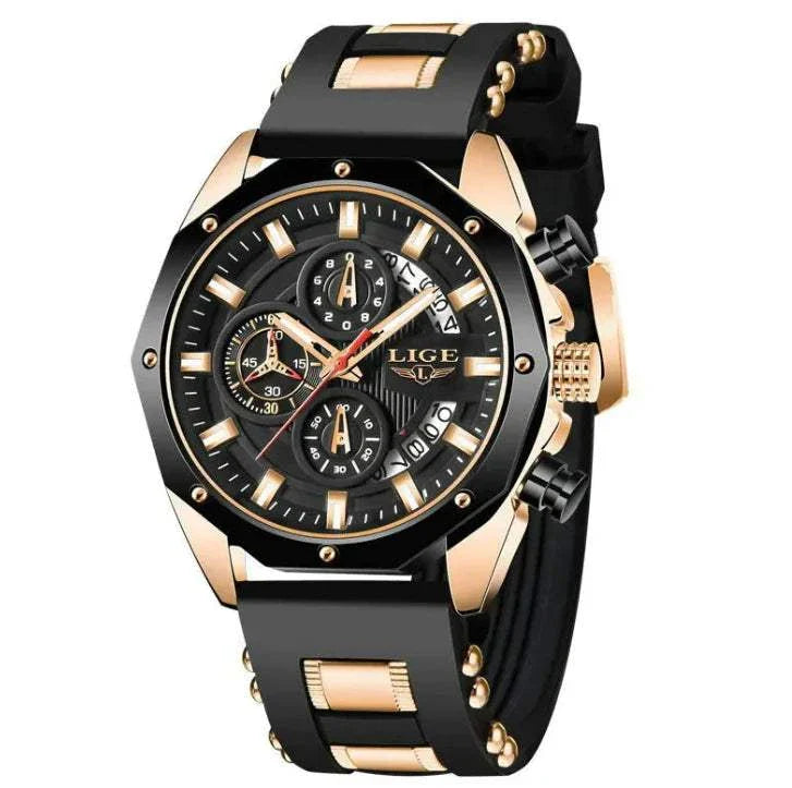 Luxury Silicone Sport Chronograph Watch with black strap and gold accents